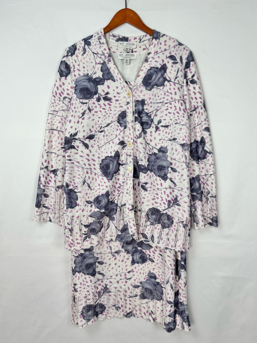 St John Collection Set Dress Cardigan Knit Floral Scallop Size 12 USA White Rose